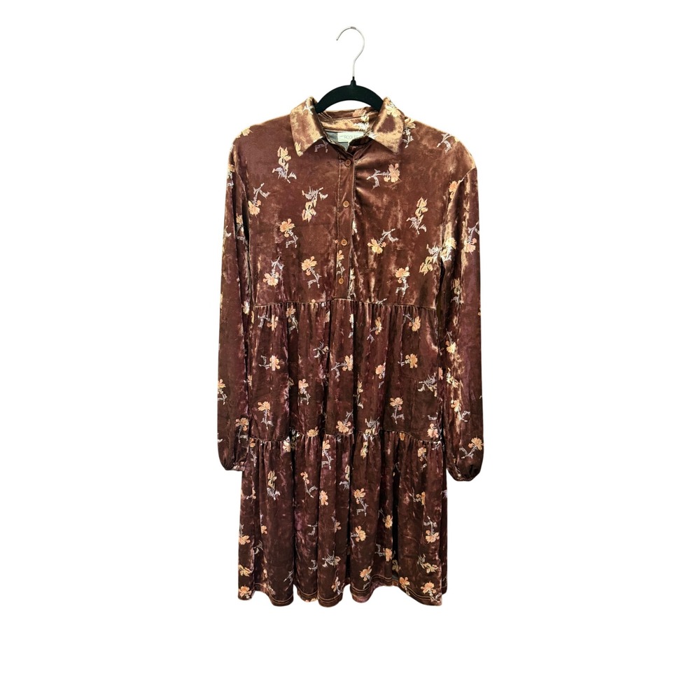 Roolee Brown Floral Crushed Velvet Tiered Mini Dress Long Sleeve Small PSD4969